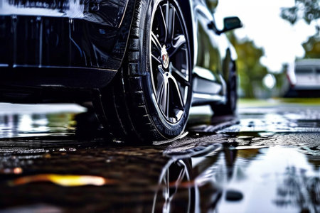 Shimmering Black Car Mirrors Reflective Trees Amidst Wet Street Reflectionsの素材