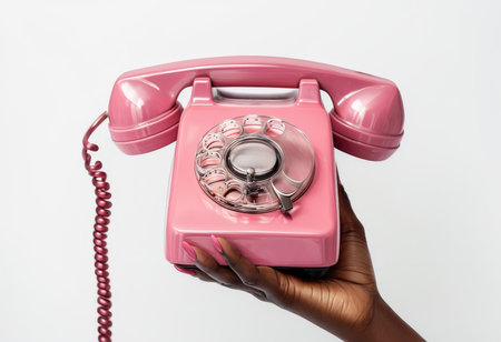 Vintage Charm The Pink Rotary Phone with Red Curly Cord in Your Handの素材