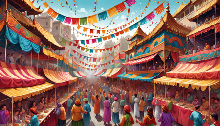 Vibrant Market Scene Illustration A Colorful Feast of Cultural Influences, Festive Celebrations, and Delicious Dining Optionsの素材