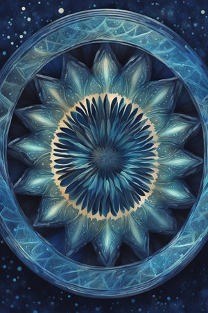Blues Radiant Mandala A Glowing Center Against a Celestial Background Featuring Floating White Spheres and Vibrant Colorsの素材