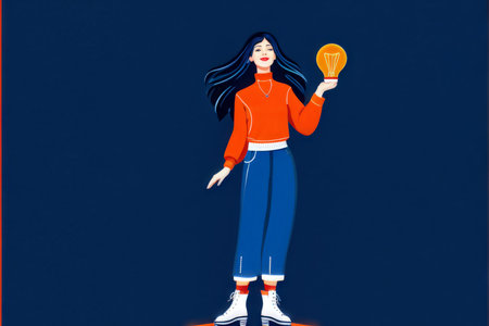 Confident Lightbearer A Young Woman in Orange Sweater Wields a Glowing Yellow Light Bulb Over Her Head Against a NavyBlue Backgroundの素材