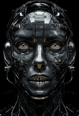 Advanced Android Prototype HumanLike Features Meets Mechanical Eyes in a Black Backgroundの素材