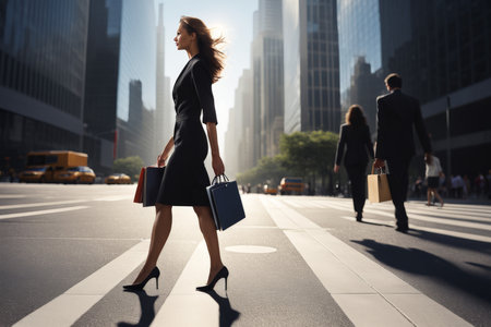 Street Scene Fashionable Woman in High Heels and Business Suit Walks Down Busy Street with Carrying Shopping Bags, Sunlit Sunny Day Amidst Tall Buildings Behindの素材