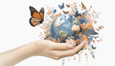 A Vibrant Celebration of Nature Handholding Globe with Butterflies, Flowers, and Birdsの素材