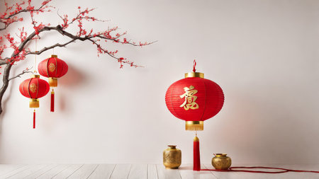 Stunning Red Lantern Decorative Arrangement A Fusion of Tradition and Beauty in a Gilded Garden Settingの素材
