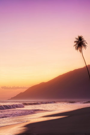 Sunset Serenity A Calm Beach Scene with Warm Colors and Majestic Mountains in the Backgroundの素材