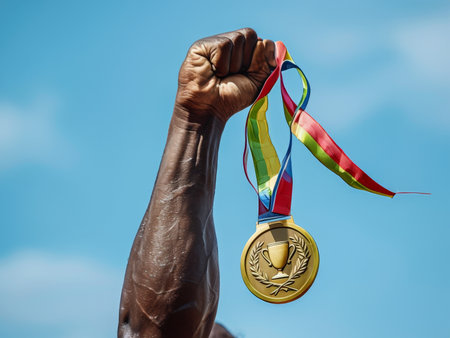 Close-up of a male hand holding gold medal against blue skyの素材