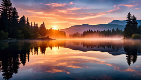 Morning Serenity A Calm Lakes Reflections Under RainbowColored Skyの素材