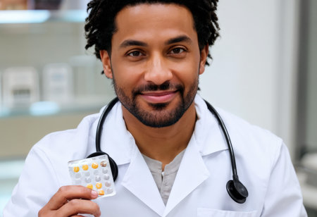 Confident Male Doctor Holding Blister Pack of Pills Professional Medical Image Captureの素材