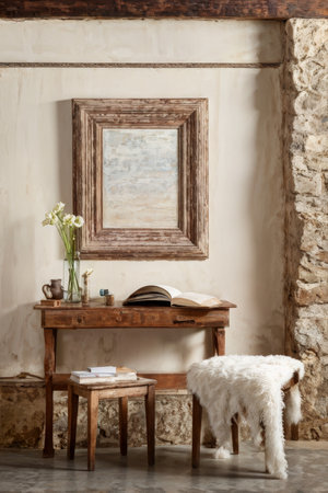 Vintage Charm A Dazzling Brown Wooden Table Decorated with Mirrors, Books and Vase Arrangementsの素材