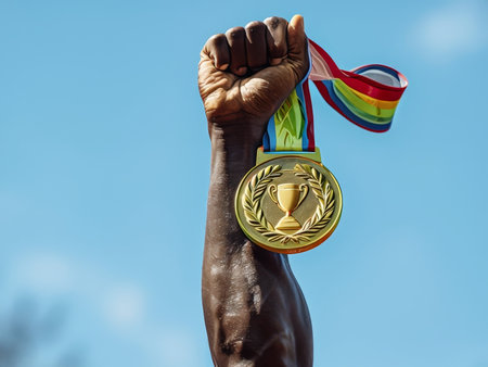 Iconic Moment A Raised Fist Awarded in Blue Skiesの素材