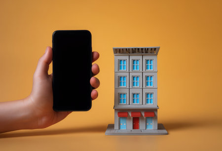 Hand holding smart phone with house model on yellow background. Real estate conceptの素材