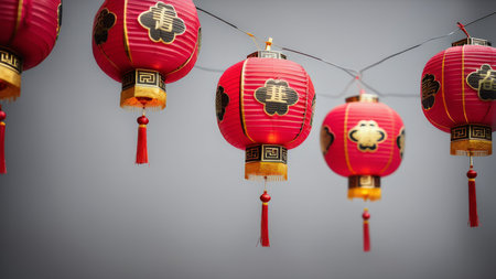 Jewellike Red Lanterns Adorned with Black Characters A Marvelous Display in Traditional Chinese Cultureの素材