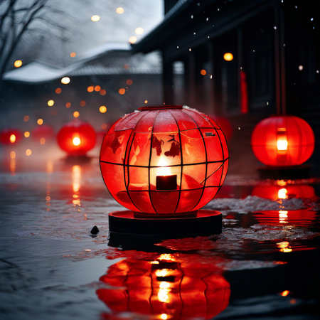 Halloween lanterns on the street in the foggy night.の素材