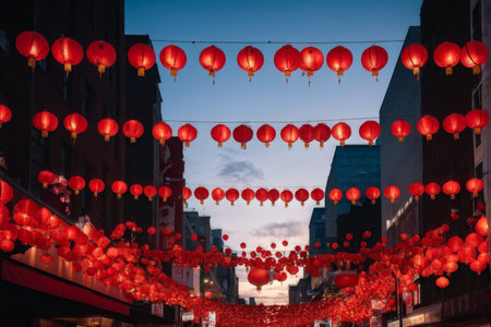 Red Lanterns Over Urban Streets Celebrating Chinese New Year with Colorful Decorations and Artificial Illuminationの素材