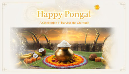 Joyful Festivities A Vibrant Celebration of Pongal An Animated Scene Featuring Traditional South Asian Decorations and Foodsの素材