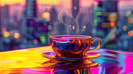 Cup of coffee on the table with cityscape background at nightの素材