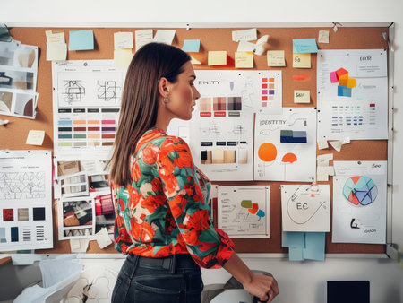 Beautiful young designer standing near desk in office and looking away.の素材