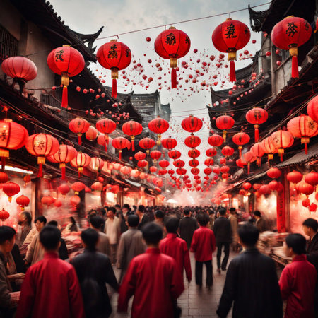 JewelLit Street Scene Traditional Attire and Lanterns Illuminate Celebratory Chinese Cultureの素材