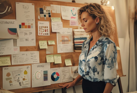 An Indepth Exploration of Marketing Materials Sustainability, Brand Identity, and Design Concepts in an Office Cluttered with Paperworkの素材