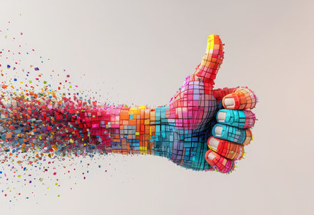 Thrilling Digital Art RainbowThumbsUp Arm Breaks Apart into Colorful Blocksの素材
