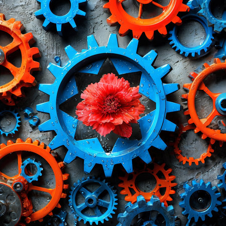 Brilliant Red Bloom Against Rustic Blue Gears and Vibrant Orange Gear Background Captivating Water Droplet Accentの素材