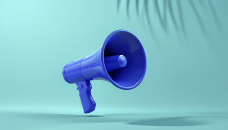 Interactive Blue Megaphone Illustration An Animated Tropical Communication Device in a Vibrant Green Backgroundの素材