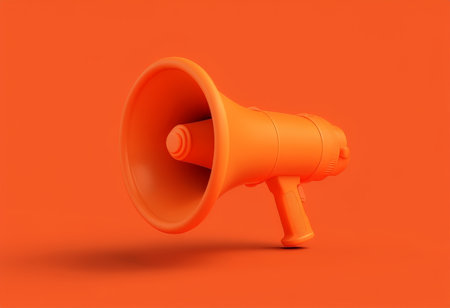 Vintage Modern Composition A Detailed Still Life Depiction Featuring an Orange Megaphone with Handle and Volume Control Knob Against Identical Backgroundsの素材