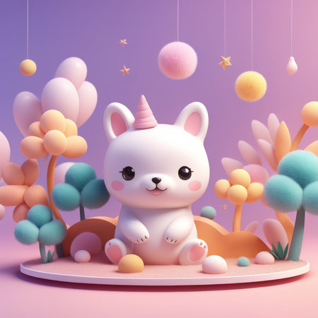 Radiant Unicorn Ambiance A Colorful ThreeDimensional Rendering Featuring Pastel Scenery, Bunny Ears, and Balloons in Gradient Purple Backgroundの素材