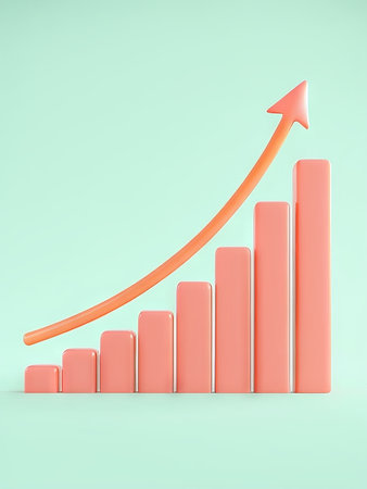 Progression Through Time An Upward Arrow Graphic Progress Chart Against Light Green Background Featuring Sequential Pink Bars Representing Increasing Achievements Over Periodsの素材