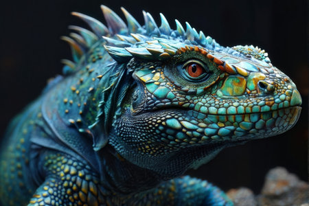 Intense CloseUp of Captured Blue Iguana Against Dark Background, Highlighting Spines Under Lightingの素材