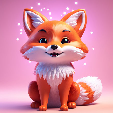 Joyful Fox Adventure An Amusing Digital Illustration of a Cuddly 3D Fox Sitting on Pink Sparkle Backgroundの素材
