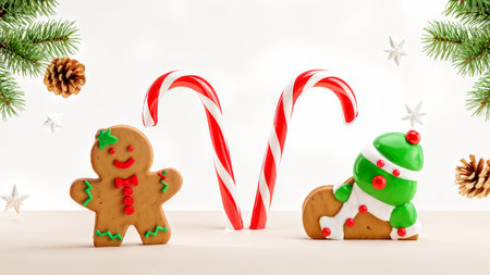 Adorable Gingerbread Display Two Decorative Cookies with Red Striped Candy Canes, Pine Cones, Stars, Snowflakes, and Greenery Against a White Backgroundの素材