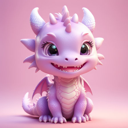 Adorable Digital Dragon A Soft Pink Background Illustration With Large Eyes, Detailed Scales, Horns, and Fluttering Wingsの素材