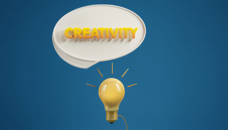 Dynamic Light Bulb Symbolizing Creativity Through Animated Yellow Rays and Bold Blue Lettersの素材