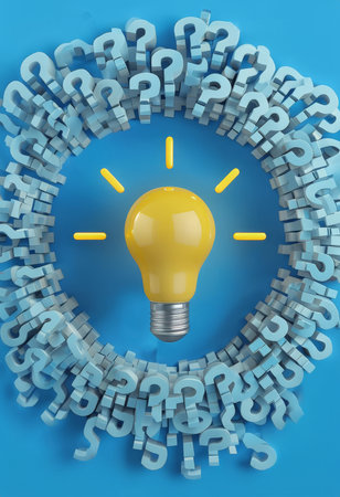 Converging Curiosity A Blue Question Mark Illustration Surrounding a Bright Yellow Lightbulb on Pale Turquoise Background Embodying Creativity and ProblemSolving Ideasの素材