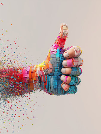 Dynamic Thrills and Colorful Chaos An Abstract Digital Art Piece Featuring ThumbsUp Hands and Fragmented Elementsの素材