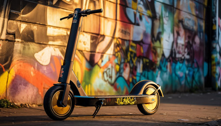 Urban Graffiti Sunset Glow An Electric Scooters Nightly Patrol Amidst Colorful Art and Twilightの素材