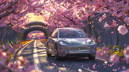 Electric Elegance A Stunning Electric Vehicle Navigating Pink Flowered Roads in a Dazzling Landscapeの素材