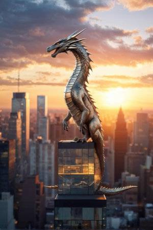Urban Fantasy A Dragon Statue Dominates Skyscraper Backdrops at SunsetSunrise in a Metaphorical Metropolisの素材