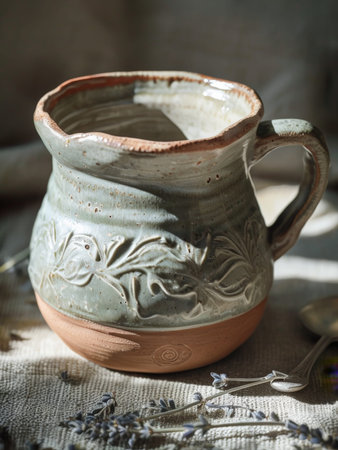 Vintage Ceramic Jug and Spoons Set A Tea Time Ambiance Featuring Floral Patterns and Scattered Flowersの素材