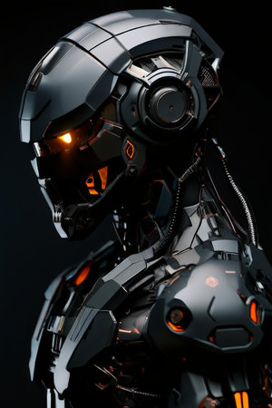 Intimidating Aggressor A Glowing Humanoid Robot With Mechanical Details In Black Backgroundの素材