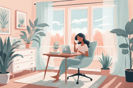 Indoor Oasis Serene Setting with Natural Light, Plants, and Comfortable Workspaceの素材