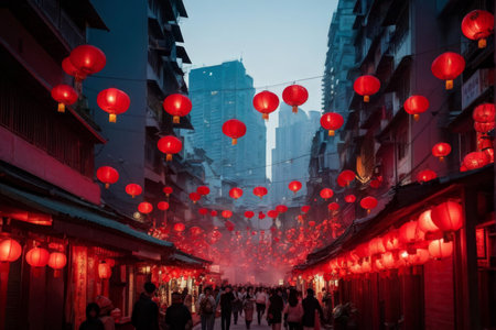 Red lanterns decorate the streets of Hong Kong.の素材