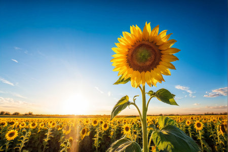 Sunflower field at sunset. Beautiful summer landscape with sunflower.の素材