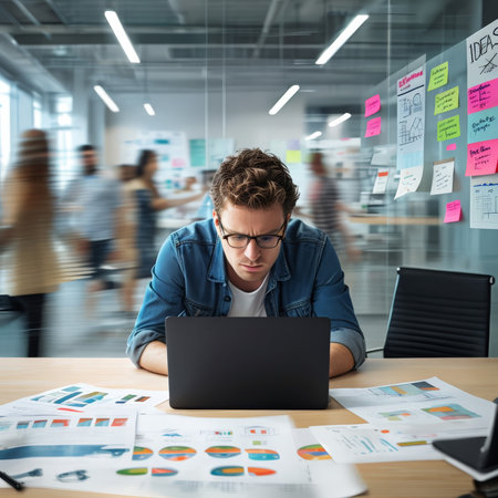 Serious young businessman working with laptop in modern office. Blurred background.の素材