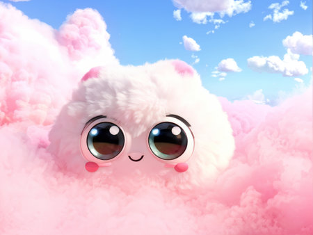 Adorable Pink Cloud with Blush Marks Pops Through Blue Sky Cartoon Illustration of Cute Weather Phenomenonの素材