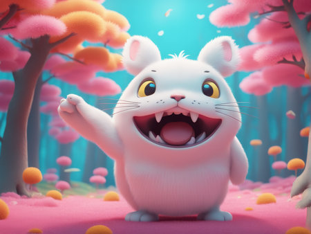 Joyful Welcome An Animated Forest Scene with Dreamy White Rat Wearing Happy Expressionの素材