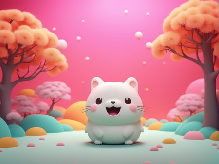 Adorable Animated White Animal with Pink Cheeks Against Vibrant Greenery and Orange Trees A Colorful Cartoon Illustration for Your Art Collectionの素材
