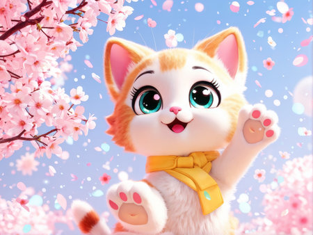 Cherry Blossom Celebration An Animated Orange Cats Joyful Journey Through Springtime Bloomersの素材